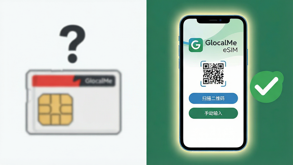 һ��չʾ GlocalMe eSIM ����ʵ�忨���ܵ�ͼƬ����������һ���ֻ���һ�ű��黯�Ĵ�ͳSIM�����ֻ���Ļ����ʾ��
