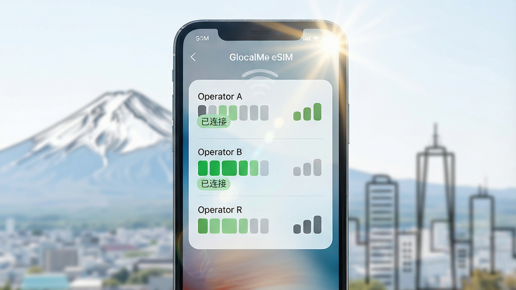 һ��չʾ GlocalMe eSIM �ź��Զ���ѡ���ܵ�ͼƬ����������һ���ֻ��ڻ��ⳡ���£��ֻ���Ļ��ʾ��