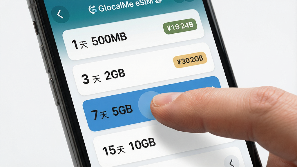 һ��չʾ GlocalMe eSIM �ײ�����ѡ���ܵ�ͼƬ�������������ֻ���Ļ��д����Ļ����ʾ��