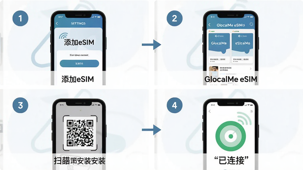 һ��չʾ GlocalMe eSIM ���ֲ��������ͼƬ��������һ����Ϣͼ����Ϊ�ĸ����裬��һ�����ֻ����ý�����ʾ
