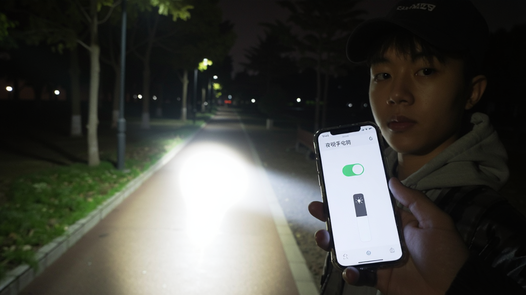 一位年轻人深夜在户外使用手机,手机屏幕发出明亮的白色光束照亮前方道路,手机屏幕上清晰显示“夜视手电筒”的APP界面,界面简洁只有开关和亮度条,背景是昏暗的公园小路,风格写实,画质清晰,无多余元素