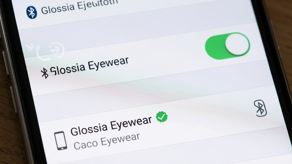 һ��չʾ�ֻ��������ý����ͼƬ���������������ش��ڴ�״̬���·��б�����ʾ�š�Glossia Eyewear���豸���ƺ�����Եı�ʶ���������ֻ�ϵͳ���ý��棬���ԭ����࣬����������ϸ����ʵ�����ʸɾ����޶���Ԫ�أ�ͼƬ������С�Glossia Eyewear�����ֱ�ʶ��