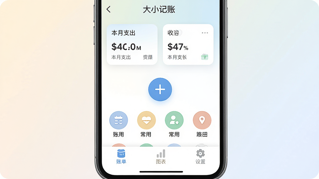 �ֻ���Ļ������ʾ����С���ˡ�APP�����棬�����Ǳ���֧����������ܿ�Ƭ���м��ǿ��ټ��˵ļӺŰ�ť�ͳ��÷���ͼ�꣬�ײ����˵���ͼ��������������ǩ��������Ϊǳɫ���䣬����ִ���ƽ��ϸ��Բ�󣬻��ʸɾ��޶���Ԫ��