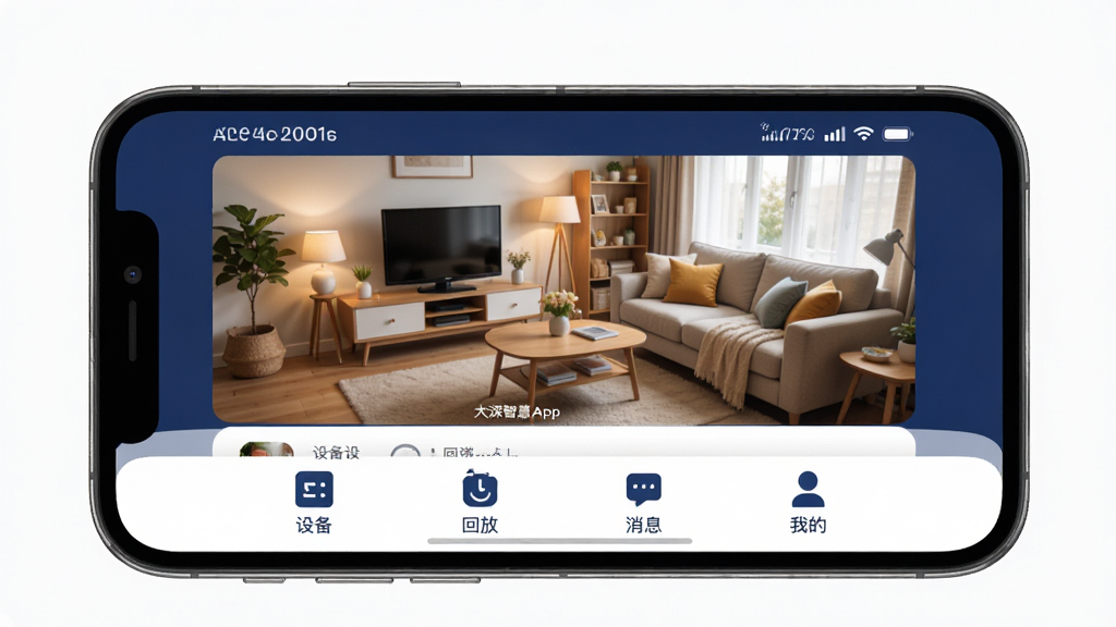 �����ǻ�App���Ľ���ȫ��չʾ���ֻ���Ļ������ʾʵʱ��ػ��棬����������ܰ�ļ�ͥ������������Ļ�·��������豸�б����طš���Ϣ���ҵ��ĸ�ͼ�갴ť������UI������ɫ�Ͱ�ɫΪ��ɫ��������ɾ����࣬����ִ���ƽ����ϸ��Բ�󣬻����������޶���Ԫ��
