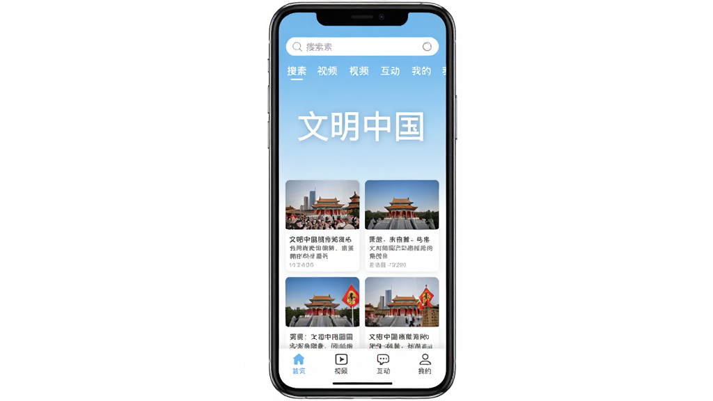 �����й� App ������ȫòչʾ���ֻ���Ļ������ʾ�����й��ĸ����֣�������ǳ��ɫ���䵽��ɫ�ļ�Լ��񣬶������������ͷ����ǩ���м���ͼ����Ѷ��Ƭ�ٲ������ײ�Ϊ��ҳ����Ƶ���������ҵ��ĸ�����ͼ�꣬���岼��������ɫ����͡���ƽ����ơ����ʸɾ��޶���Ԫ��