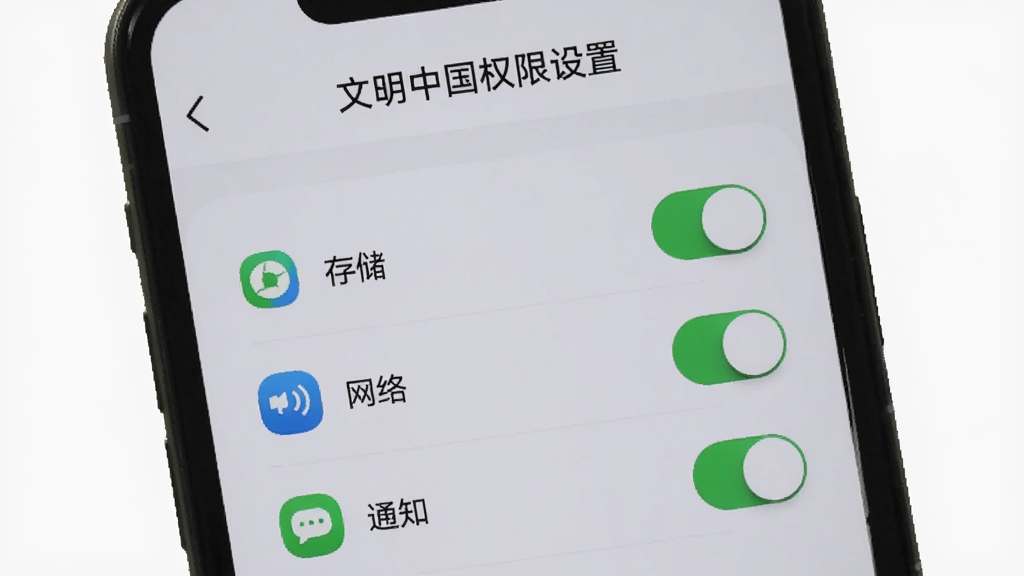 �����й� App ��װ���ý��棬�ֻ���Ļ��ʾӦ��Ȩ�޹���ҳ�棬�д洢�����硢֪ͨ��Ȩ�޿��أ������������й�Ȩ����������������Ϊǳ��ɫ�����岼��������ͼ���ࡢ���ʸɾ��޶���Ԫ��