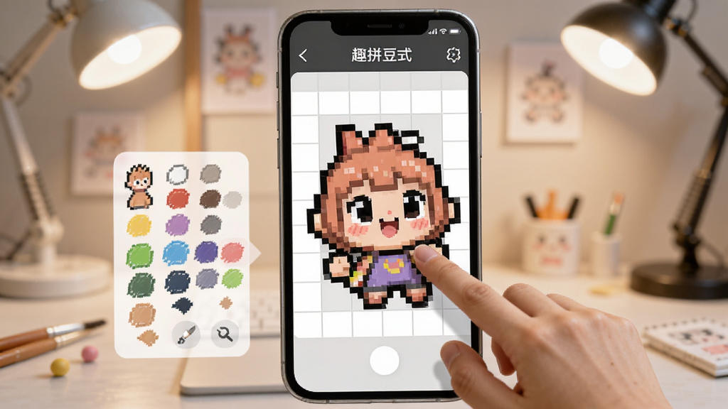 һ��չʾ��Ȥƴ����APP���ɴ���ģʽ�Ļ��棬�ֻ���Ļ�������ػ��壬�û���������ָ����һ���ɰ��Ŀ�ͨ�����Ա�����ɫѡ�����͹���ͼ�꣬��������͵Ĺ����ҵƹ⣬����ִ����