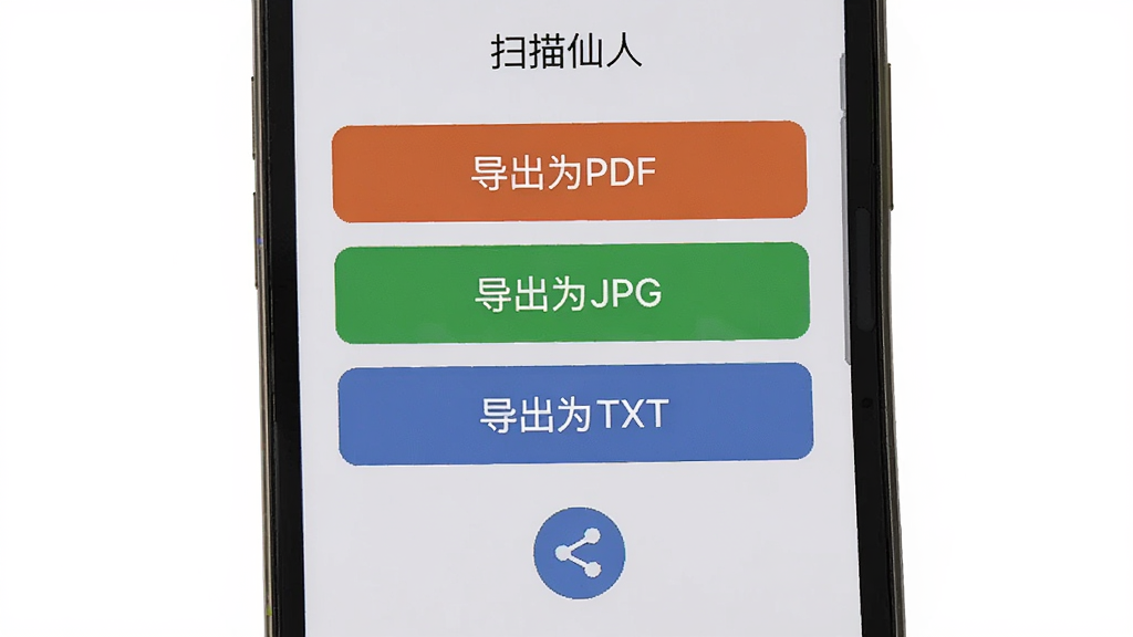 �ֻ���Ļ��ʾ��ɨ�����ˡ�App�ĵ������棬��Ļ���С�����ΪPDF����������ΪJPG����������ΪTXT��������ť���·��з���ͼ�꣬������ǳ��ɫ�����沼������������Լ�����ʸɾ��޶���Ԫ��