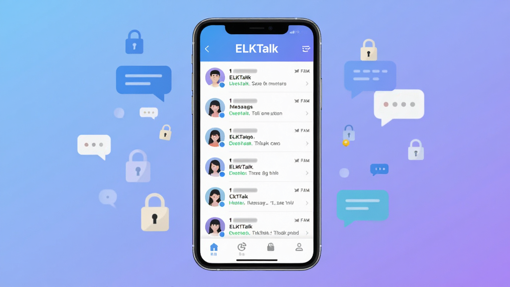 ELKTalk��������������չʾͼ������������һ���ֻ���Ļ����Ļ����ʾELKTalkӦ�õ������б����棬���涥����ELKTalk���ֱ�ʶ�������б����ж���Ի�ͷ�����ϢԤ�����ײ��е�����ͼ�꣬��������͵�����ɫ���䣬�ֻ���Χ��һЩƯ�����������ݺ�����ͼ�꣬���������ִ�����ƽ����ƣ�ɫ�ʸɾ������������������޶���Ԫ��