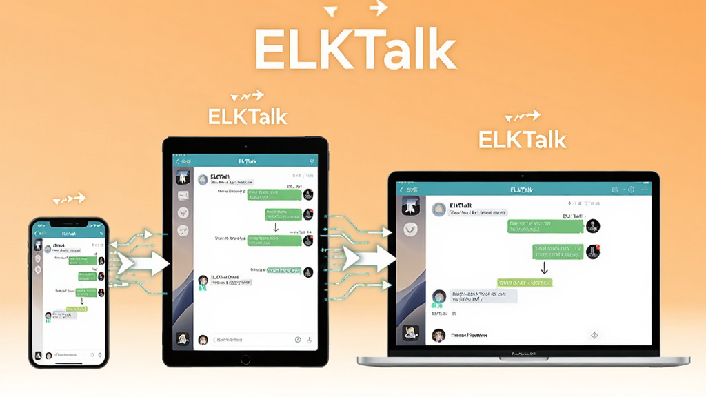 ELKTalk���豸��Ϣͬ��չʾͼ��������ͬʱչʾһ���ֻ���һ̨ƽ����Ժ�һ̨�ʼǱ����ԣ������豸��Ļ�϶���ʾELKTalk��������棬�豸֮����ͬ����ͷ���������������ӣ���Ļ�Ϸ���ELKTalk���ֱ�ʶ����������͵ĳȻ�ɫ���䣬�������ִ��Ƽ��У������������޶���Ԫ��