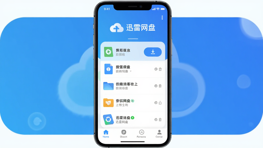 迅雷网盘 手机App主界面 蓝色渐变背景 顶部显示云朵图标和迅雷网盘字样 中间展示文件列表和上传下载按钮 底部导航栏清晰 整体风格简洁现代 扁平化设计 画质干净 无多余元素