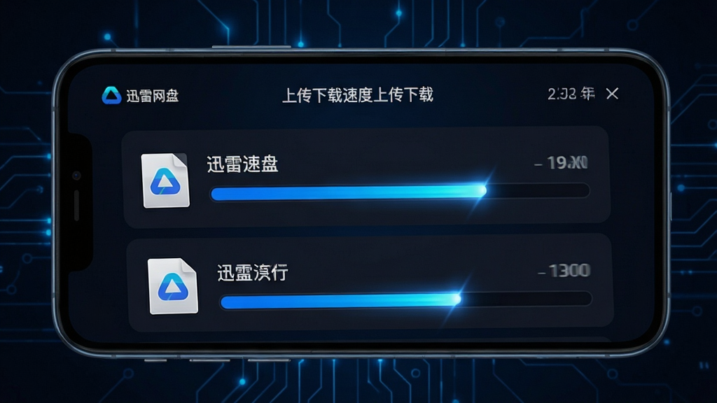 迅雷网盘 上传下载速度界面 手机屏幕显示多个文件同时传输 进度条快速前进 背景为深色科技风格 蓝色光效点缀 突出速度感 画质清晰 干净无多余元素