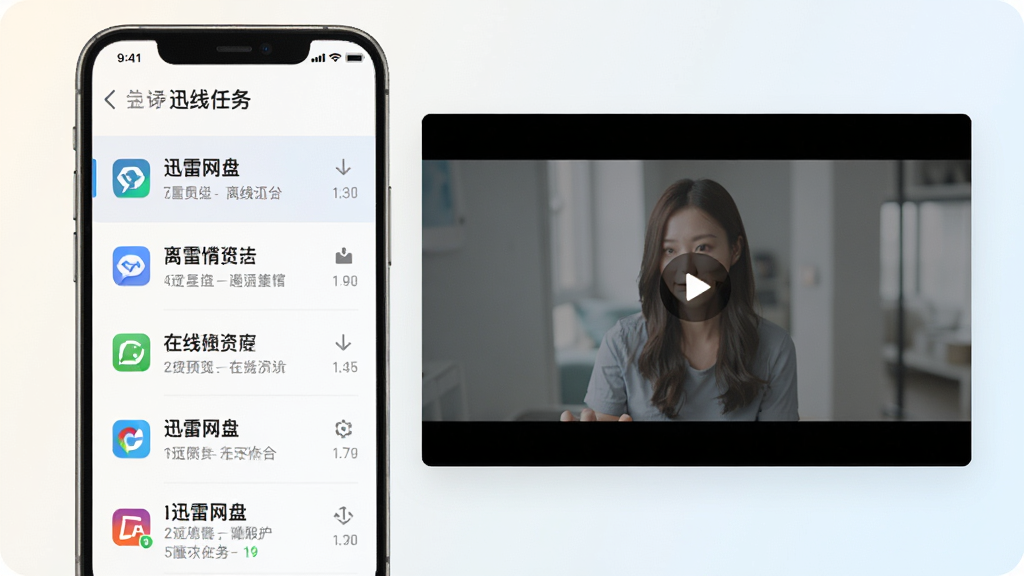 迅雷网盘 离线下载和在线预览功能展示 手机界面左侧显示离线任务列表 右侧展示视频预览画面 背景为浅色渐变 图标精致 布局清晰 风格现代简约 画质干净 无多余元素