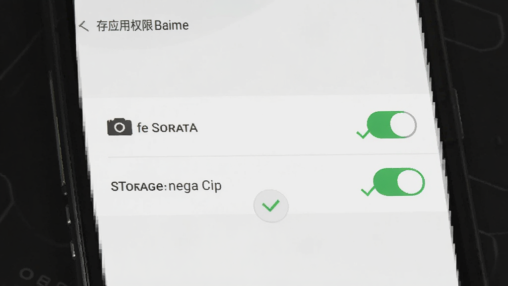 电子证件照查存应用权限设置界面示意图,手机屏幕显示权限管理页面,相机和存储权限开关处于开启状态,旁边有绿色对勾标识,界面风格为安卓原生设置风格,简洁明了,画质干净