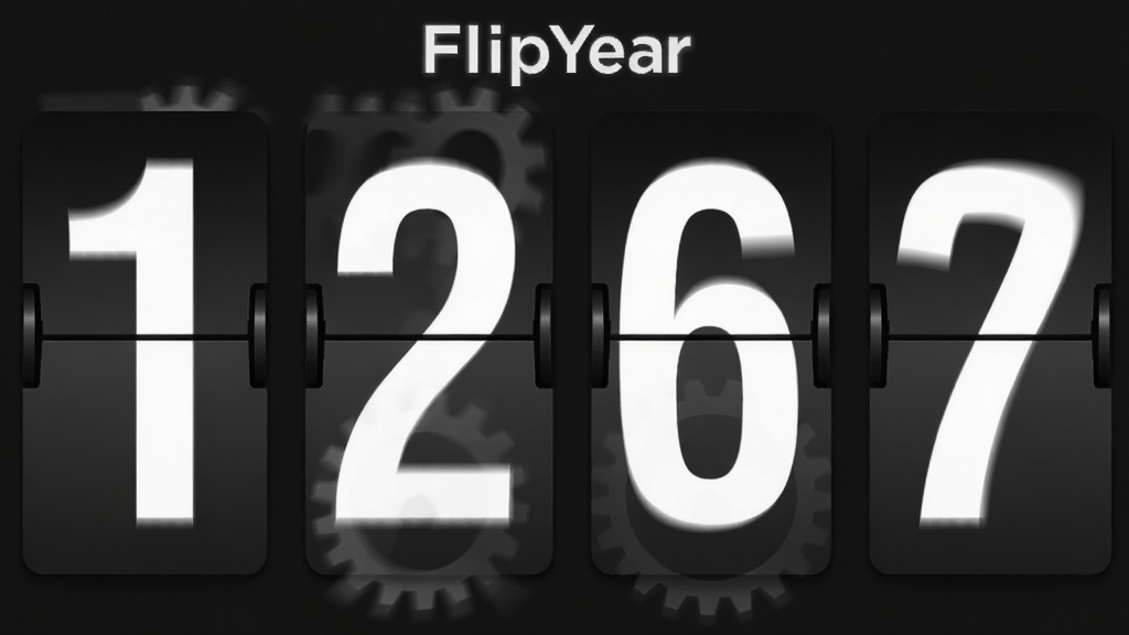 FlipYear翻页时钟全屏显示界面,画面中央是巨大的翻页数字时钟,数字为白色,背景为深色,排版居中对称,风格极简机械感,细节处有翻页动画的残影效果,画质高清干净,无多余元素