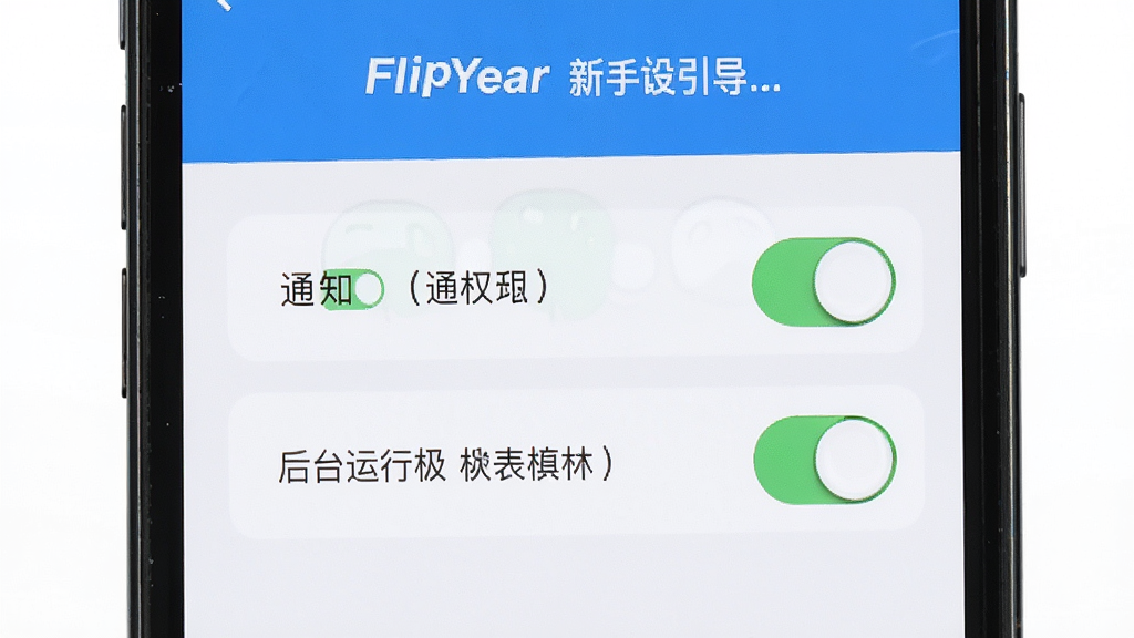 FlipYear���������������棬����չʾ�ֻ���Ļ�ϵ�Ȩ����Ȩҳ�棬��֪ͨȨ�޺ͺ�̨����Ȩ���������ذ�ť������Ϊ�������У���������죬ϸ�����������ʸɾ����޶���Ԫ��