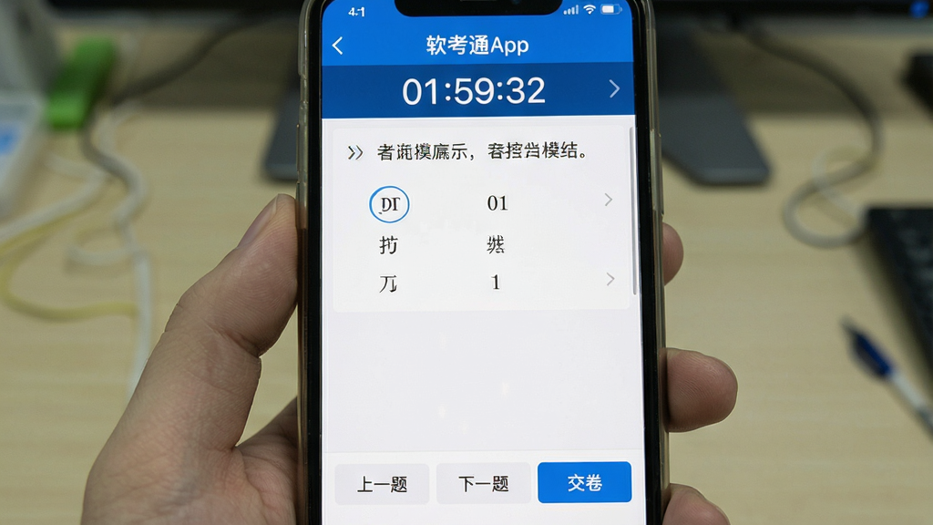 һ���ֻ���Ļչʾ����ͨApp��ģ�⿼�Խ��棬���涥���е���ʱ��01:59:32�����м���һ��ѡ���⣬�ײ��С���һ�⡱����һ�⡱����������ť�������������࣬������ɫ���������������岼�����������ʸɾ��޶���Ԫ��