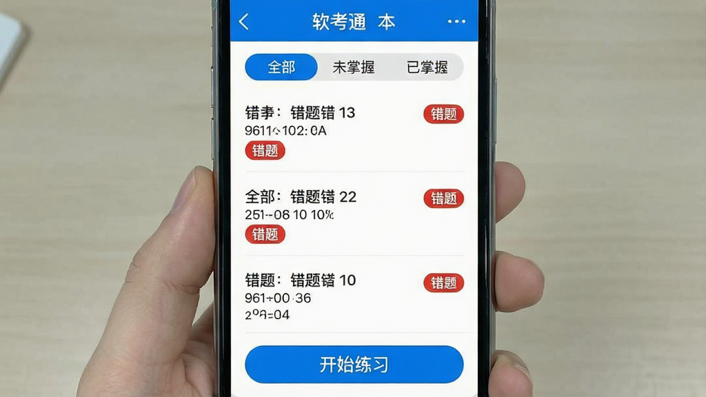 һ���ֻ���Ļչʾ����ͨApp�Ĵ��Ȿ���棬�������г��˼�����������Ŀ��ÿ�����Ա��С����⡱��ɫ��ǩ�������С�ȫ������δ���ա��������ա�ɸѡ��ť���ײ��С���ʼ��ϰ����ť���������࣬������ɫ���������������岼�����������ʸɾ��޶���Ԫ��