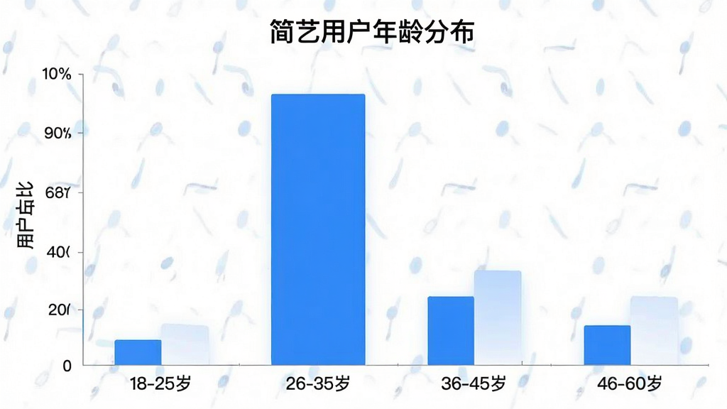 一张展示简艺绘画软件用户年龄分布的柱状图图片,图表标题为“简艺用户年龄分布”,横轴标注“18-25岁”“26-35岁”“36-45岁”“46-60岁”四个年龄段,纵轴标注“用户占比”,柱状图显示26-35岁占比最高,其次为18-25岁,整体配色使用简艺品牌色蓝白搭配,风格简洁数据可视化,画质干净无多余元素