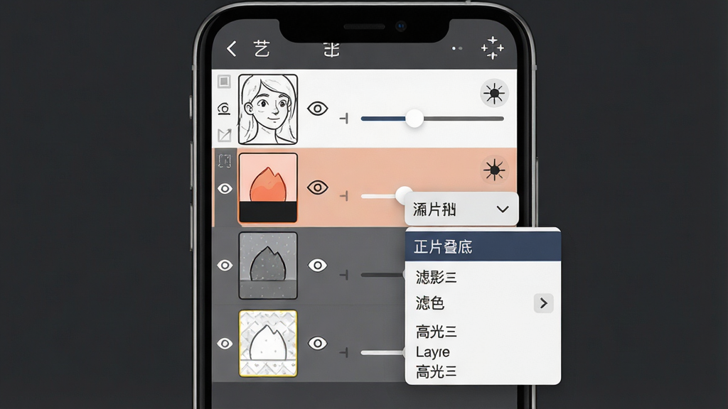 一张展示简艺绘画软件图层管理功能的图片,画面主体是手机屏幕,屏幕上显示着简艺的图层面板,面板中列出了线稿层、底色层、阴影层、高光层四个图层,每个图层旁边有眼睛图标和透明度滑块,图层混合模式下拉菜单打开着,显示正片叠底、滤色、叠加等选项,背景是简洁的深灰色,整体风格专业且直观,画质清晰干净