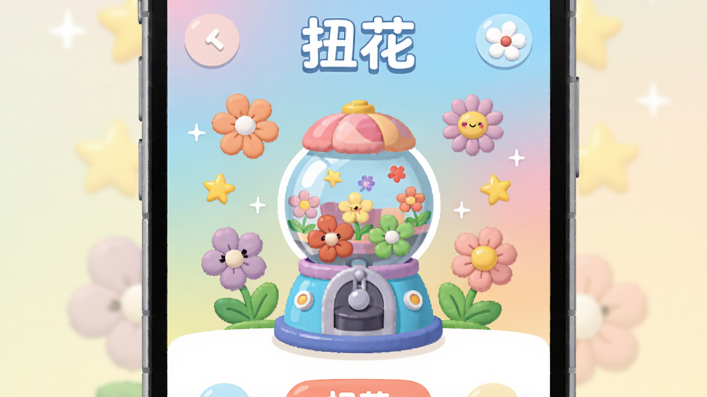 ����������һ�������������ֻ���Ļ����Ļ����ʾ�š�Ť����App�Ľ��棬�������ɫ���ͷף���һ���޴��Ť����ͼ��λ����Ļ���룬��Χ�����Ÿ��ֿɰ���С��������ͼ������������͵Ľ���ɫ������Ǳ�ƽ����ͨ�廭��ϸ�ڰ���Բ��İ�ť�����������ֱ�ǩ�����ʸɾ��������޶���Ԫ�ء�