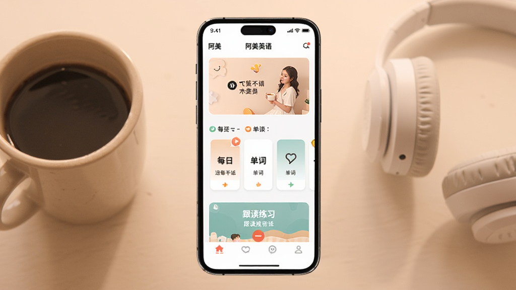 һ��չʾ����Ӣ��APP���Ľ�����ֻ�����ͼ���ֻ���Ļ��ʾ����Ӣ����ҳ������ÿ��һ�䡢���ʿ�Ƭ��������ϰ��ڣ����������ůɫ���������п��ȱ��Ͷ�����������¼�Լ�����ʸɾ��޶���Ԫ��