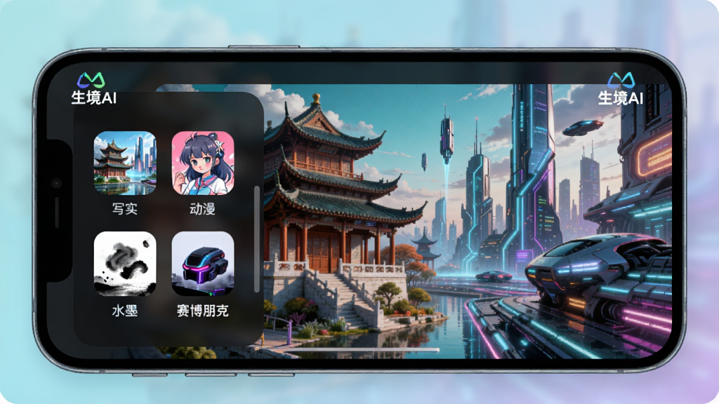 ����AI��������չʾ����л���壬������С�дʵ������������ˮī����������ˡ��ȷ��ͼ�꣬�������ֻ���Ļ����Ļ��������һ���ں��˹ŵ佨����δ���Ƽ��еĻ�Ϸ��ͼƬ������ɫ�ʷḻ���������������С�����AI����ʶ