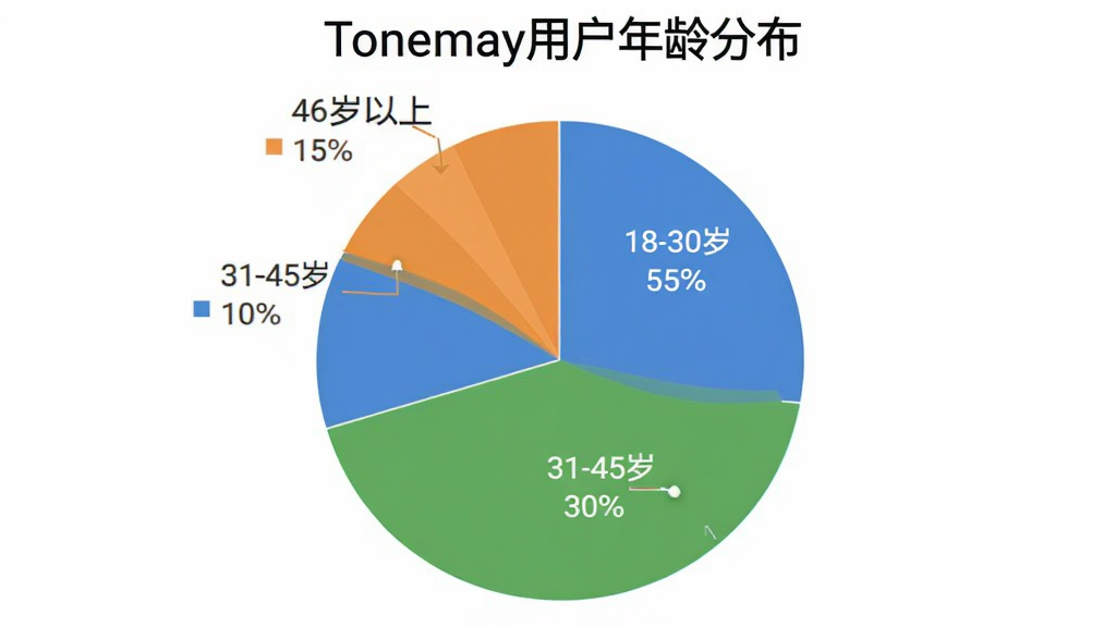 һ��չʾTonemay�û�����ֲ��ı�״ͼ��ͼ������Ϊ��Tonemay�û�����ֲ�������ͼ��Ϊ���飬�ֱ��ע��18-30�� 55%����31-45�� 30%����46������ 15%������ɫ�ֱ�Ϊ��ɫ����ɫ����ɫ������Ϊ��ɫ����������������ʸɾ�