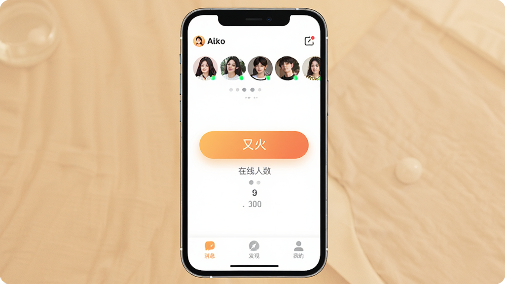 主体是一个竖屏手机界面展示社交软件首页,布局为顶部显示附近用户头像列表,中间是匹配按钮和在线人数,底部为消息、发现、我的三个标签栏,排版简洁清晰,风格偏年轻化暖色调,细节上头像有在线绿点标识,按钮有轻微渐变,画质干净无多余元素,图片中文字标注“又火”