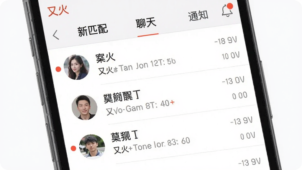 主体是手机聊天列表界面展示消息分类功能,布局为顶部三个标签“新匹配”“聊天”“通知”,中间是不同用户的对话条目,排版整齐有序,风格扁平化设计,细节有未读红点和时间戳,画质干净无多余装饰,图片中文字标注“又火”