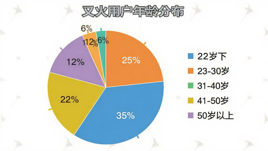 主体是一个饼状图展示不同年龄段用户占比,布局为圆形饼图居中,图例在右侧,排版简洁清晰,风格扁平化数据可视化,细节上22岁以下占25%、23-30岁占35%、31-40岁占22%、41-50岁占12%、50岁以上占6%,画质干净无多余元素,图片中文字标注“又火用户年龄分布”