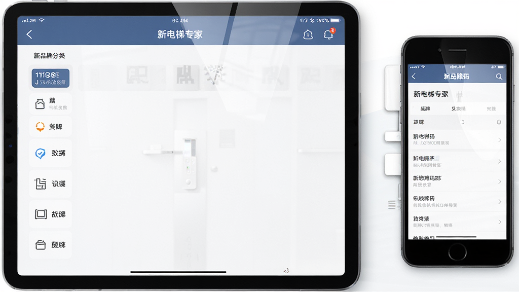 平板电脑和手机同时展示“新电梯专家”App的多品牌适配界面,主体是两台设备并排,布局左边平板显示品牌分类列表右边手机显示具体故障码详情,排版横向对比,风格商务科技感,细节上设备屏幕有轻微反光,背景是简洁的白色桌面,画质高清干净无多余元素
