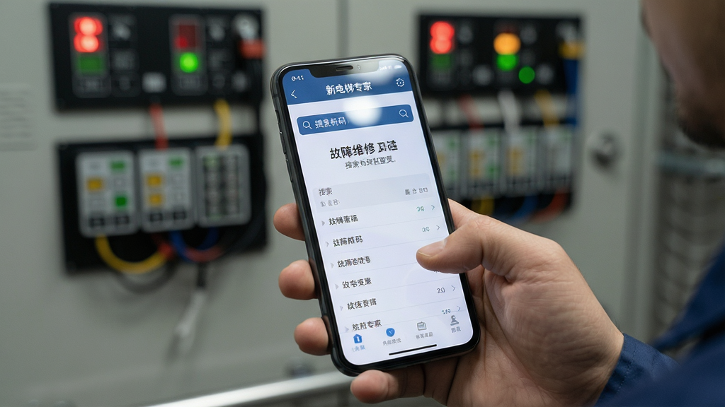 电梯维修工程师在机房内用手机查询“新电梯专家”App,画面主体是工程师的手持手机特写,手机屏幕显示故障码查询结果页面,布局上方是搜索栏下方是列表,排版居中突出手机,风格写实工业风,细节上手机屏幕有微光反射,背景是电梯控制柜的指示灯,画质清晰干净无多余元素