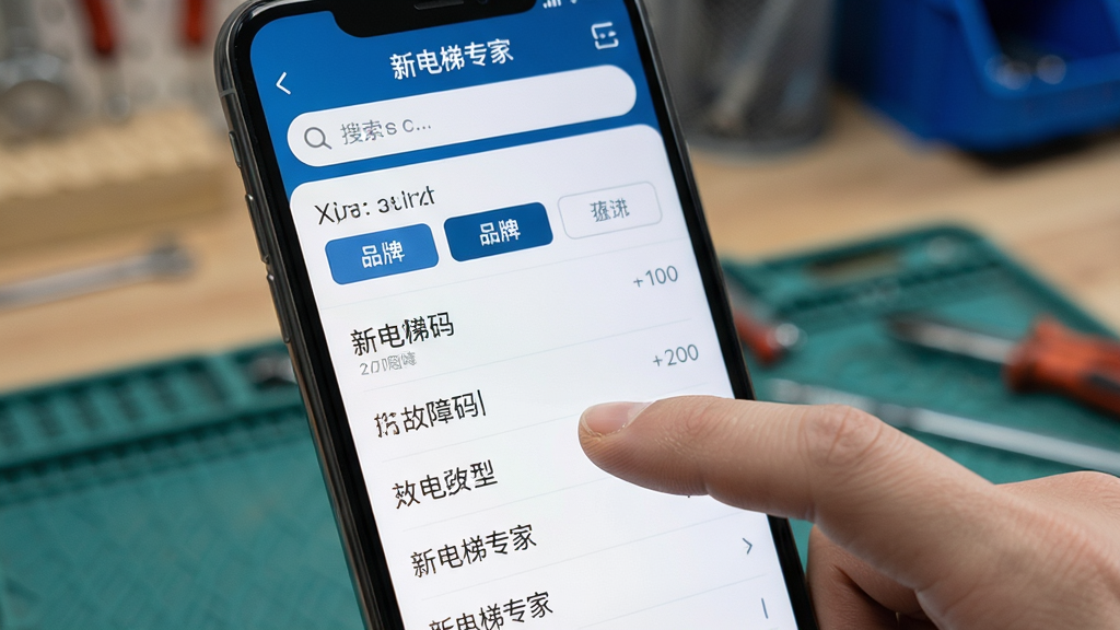 一只手在手机屏幕上滑动“新电梯专家”App的故障码列表,主体是手机屏幕特写,布局顶部为搜索框中间为品牌筛选按钮底部为故障码条目,排版紧凑信息密度高,风格极简实用主义,细节上手指正在点击屏幕,背景是模糊的工作台环境,画质清晰干净无多余元素