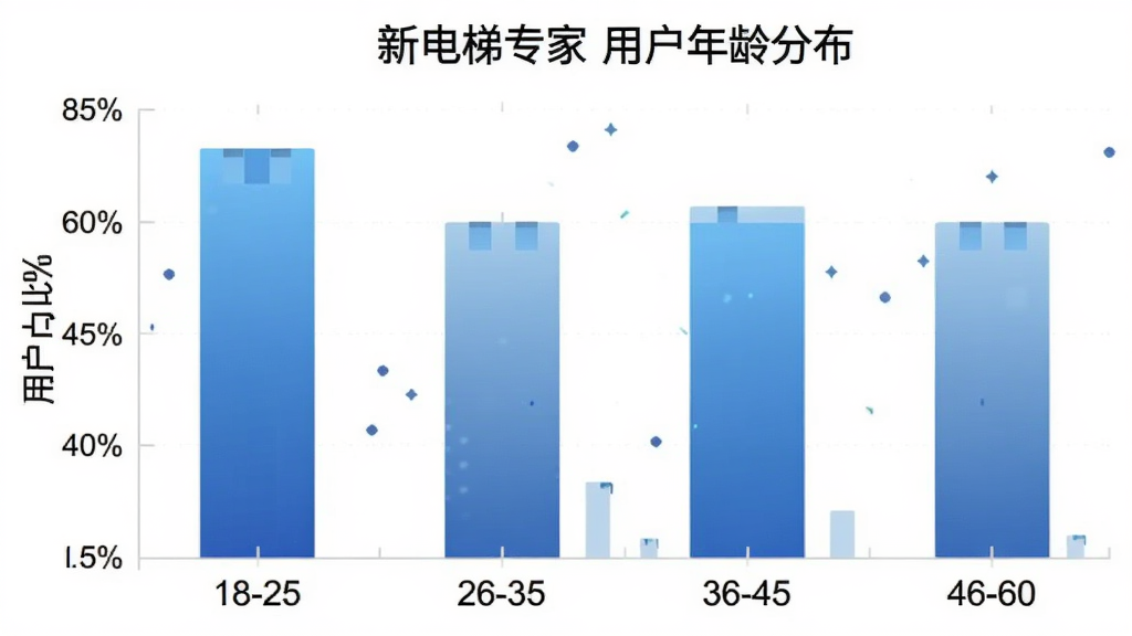 柱状图展示“新电梯专家”用户年龄分布,主体是数据图表,布局横轴为年龄段18-25、26-35、36-45、46-60纵轴为用户占比百分比,排版简洁清晰,风格扁平化信息图,细节上柱子颜色为渐变蓝色,背景白色,画质干净无多余元素