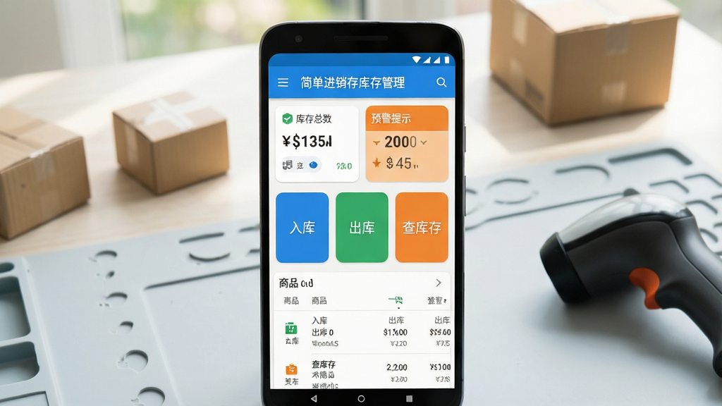一张手机应用界面截图风格的图片,画面中央是一部立着的安卓手机,手机屏幕上显示“简单进销存库存管理”的首页界面,上方有库存总数和预警提示卡片,中间是入库、出库、查库存三个大按钮,底部是商品列表,背景是浅灰色工作台,桌面上散落着几个小纸箱和扫码枪,整体光线明亮自然,画质清晰干净,没有多余装饰元素