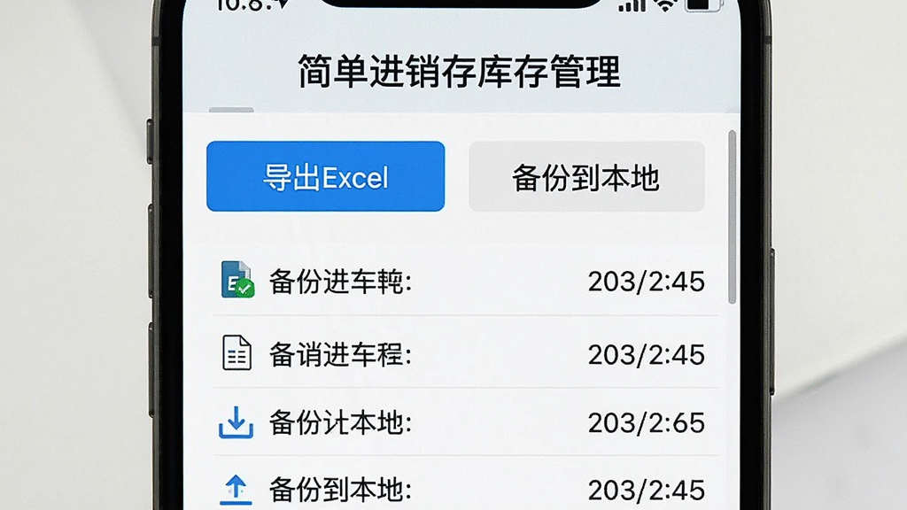 一张手机屏幕截图风格的图片,展示“简单进销存库存管理”的数据导出界面,屏幕上有“导出Excel”和“备份到本地”两个按钮,下方有一个文件列表显示已备份的文件名和日期,背景是浅色手机桌面,整体风格干净整洁,画质清晰,没有多余图标