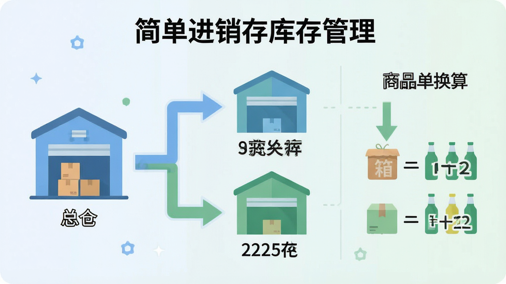 一张扁平化信息图风格的图片,画面展示“简单进销存库存管理”的多仓库管理逻辑,左边是总仓图标,中间有箭头指向分仓A和分仓B,每个仓库下方显示库存数字,右侧有商品单位换算示意,比如一箱等于十二瓶,整体用柔和的蓝色和绿色区分,排版清晰,画质干净