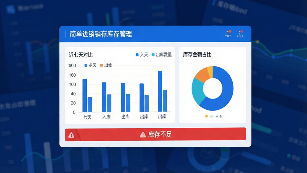 一张数据统计看板风格的图片,画面主体是“简单进销存库存管理”的统计页面悬浮在深蓝色背景上,页面显示一个柱状图对比近七天的入库和出库数量,旁边有饼图展示库存金额占比,下方有红色预警提示条写着“库存不足”,整体设计简洁现代,蓝白配色,画质清晰无噪点