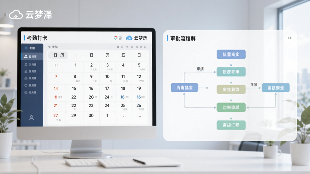 云梦泽功能界面展示,左侧是考勤打卡日历视图,右侧是审批流程图解,画面中有“云梦泽”标识,现代办公风格,色彩柔和,画质干净无杂乱元素