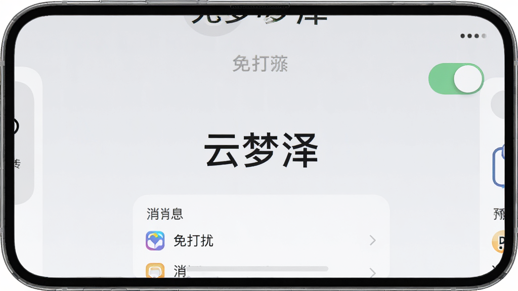 云梦泽消息通知设置界面,手机屏幕显示免打扰开关和消息分类列表,界面中央有“云梦泽”文字标识,背景浅灰色,极简风格,画质干净