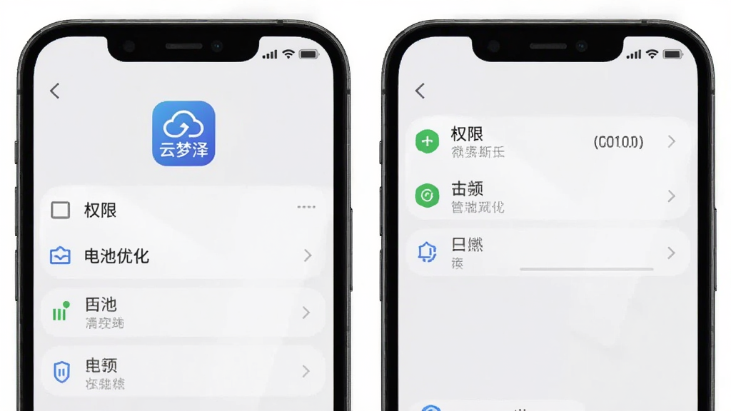 云梦泽手机端设置界面,显示权限管理和电池优化选项,画面中有“云梦泽”图标,背景为浅色,布局清晰,画质干净无多余元素