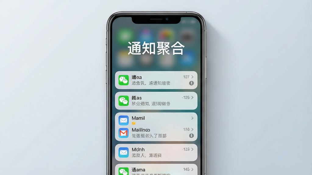一张展示手机通知管理场景的高清图片,画面中央是一部竖屏智能手机,手机屏幕显示着“通知聚合”四个大字,屏幕下方排列着多条整齐的通知卡片,卡片上有微信、短信、邮件等不同应用图标,卡片按照重要程度自动分层排列,背景是简洁的浅灰蓝色渐变,布局居中对称,风格现代扁平化,细节上手机边缘有柔和阴影,通知卡片圆角处理,画质干净清晰,无多余元素