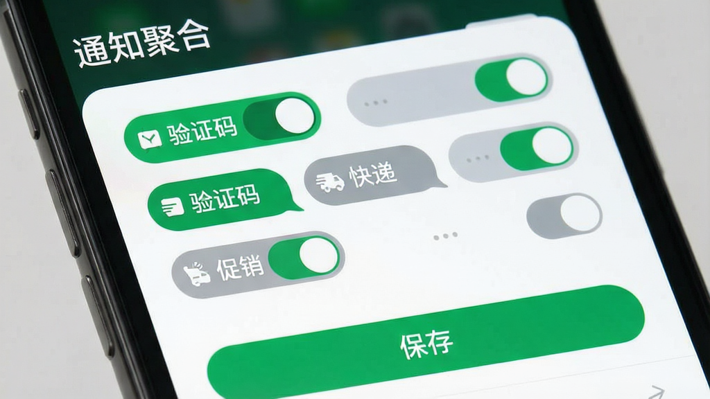 一张展示“通知聚合”软件关键词过滤设置界面的图片,画面主体是手机屏幕特写,屏幕上方显示软件名称“通知聚合”,屏幕中间是关键词设置面板,面板里有“验证码”“快递”“促销”等关键词标签,标签有绿色和灰色两种状态表示开启或关闭,面板下方有保存按钮,布局从上到下依次排列,风格简洁清爽,细节上标签有圆角和小图标点缀,画质干净无多余元素