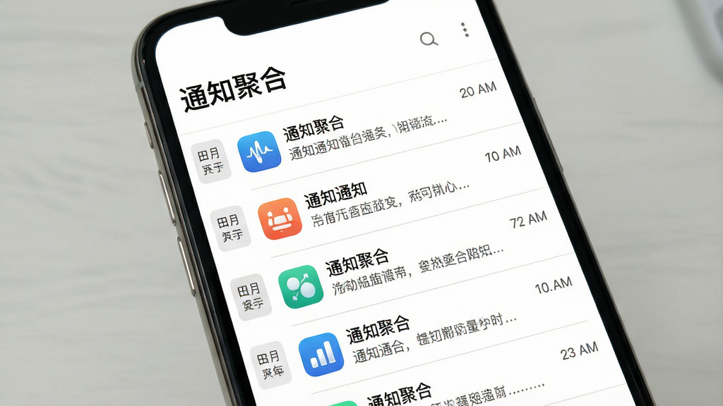 一张展示“通知聚合”软件历史通知记录界面的图片,画面主体是手机屏幕,屏幕顶部显示“通知聚合”文字,屏幕中间是按时间排列的通知列表,每条通知有应用图标和简短摘要,左侧有日期分组标签,整体布局清晰,风格简约现代,细节上列表项有细微分割线,背景为纯白色,画质干净无多余元素