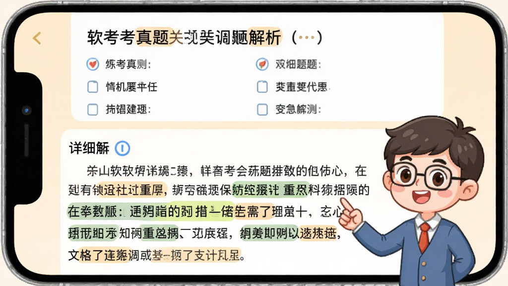 ��������App����Ŀ�������棬��Ļ�ϰ벿����ʾ��Ŀ��ѡ��°벿��չ����ϸ�����ֽ����������д��и������ص�ʻ㣬�Ա���һ����ͨ�������ʦ����ָ����Ļ���⣬����������ã����������ɼ�������Ϊ���۵��׻�ɫ�����ʸɾ��޶���Ԫ��