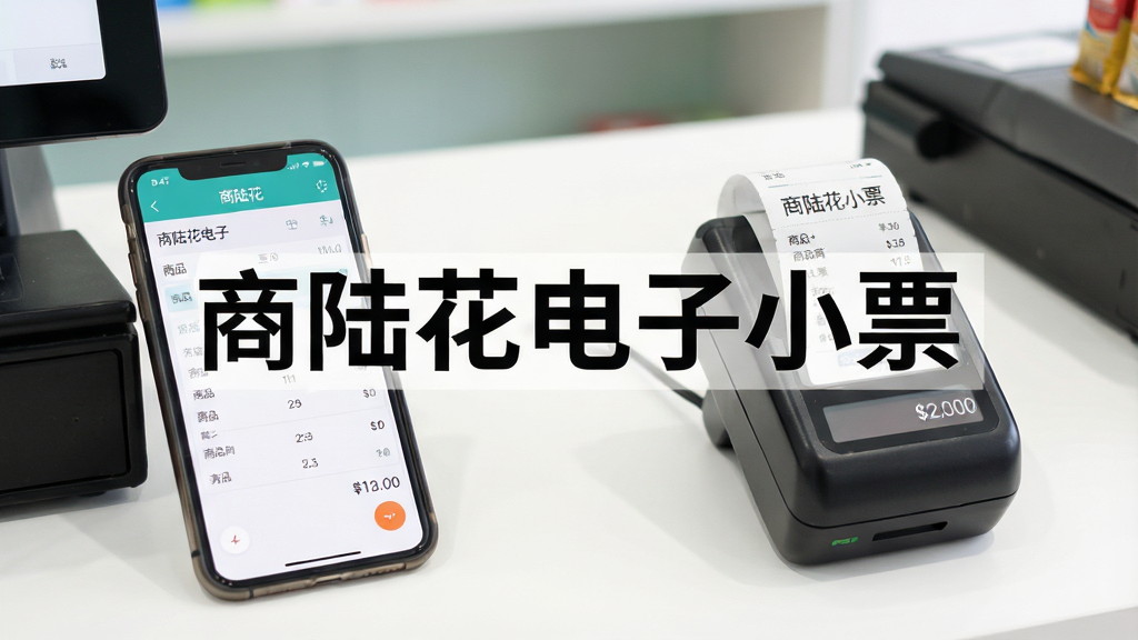 一张展示商陆花电子小票软件主界面的图片,画面中央是软件名称“商陆花电子小票”的大字标题,背景是简洁的店铺收银台场景,桌面上有一台手机和一台小型热敏打印机,手机屏幕上显示着小票编辑界面,有店名、商品列表和金额等元素,整体风格清新明亮,画质干净清晰,无多余杂乱元素