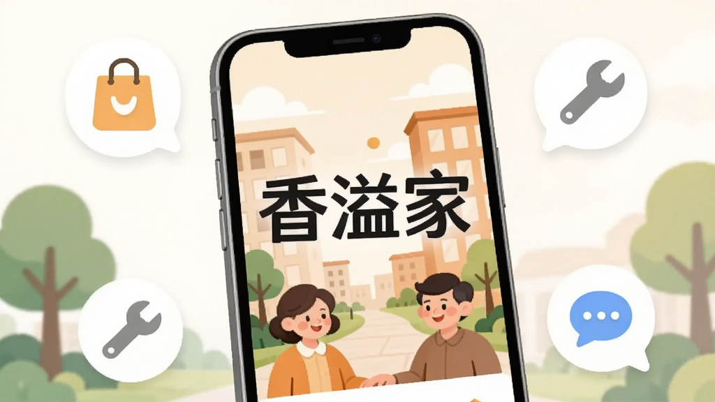 画面主体是一个现代简约风格的手机应用界面展示,手机屏幕中央显示“香溢家”三个大字,背景是温馨的社区场景,有楼房、绿树和微笑的居民。布局采用居中构图,手机略微倾斜,周围环绕着代表生活服务的图标如购物袋、扳手、聊天气泡。排版清晰,风格为扁平化插画,细节圆润,画质干净明亮,无多余元素。