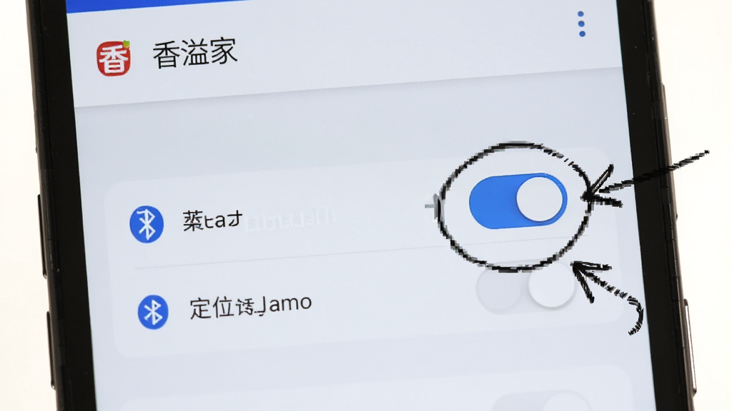 画面主体是一部安卓手机屏幕显示“香溢家”的应用权限设置界面,蓝牙和定位权限开关被圈出高亮。布局为手机特写,旁边有一个小箭头指向开关。排版简洁,风格为教程图解,细节上手绘箭头,画质清晰,干净,无多余元素。
