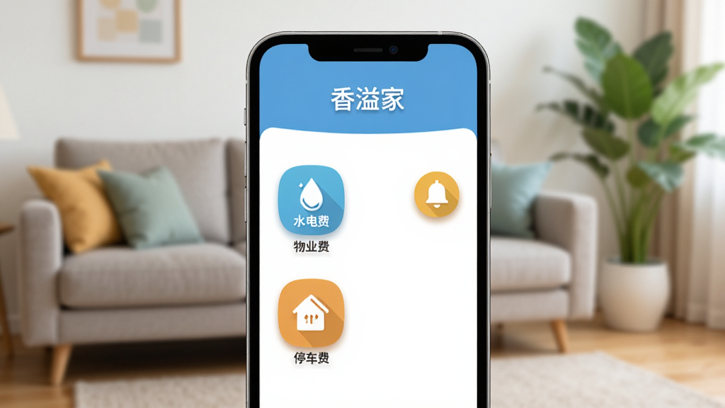 画面主体是手机屏幕显示“香溢家”的生活缴费页面,界面上有物业费、水电费、停车费三个图标,旁边有一个铃铛图标表示提醒。布局为手机直立,背景是模糊的客厅环境,有沙发和绿植。排版清晰,风格为现代扁平,细节上图标有微阴影,画质明亮,干净,无多余元素。